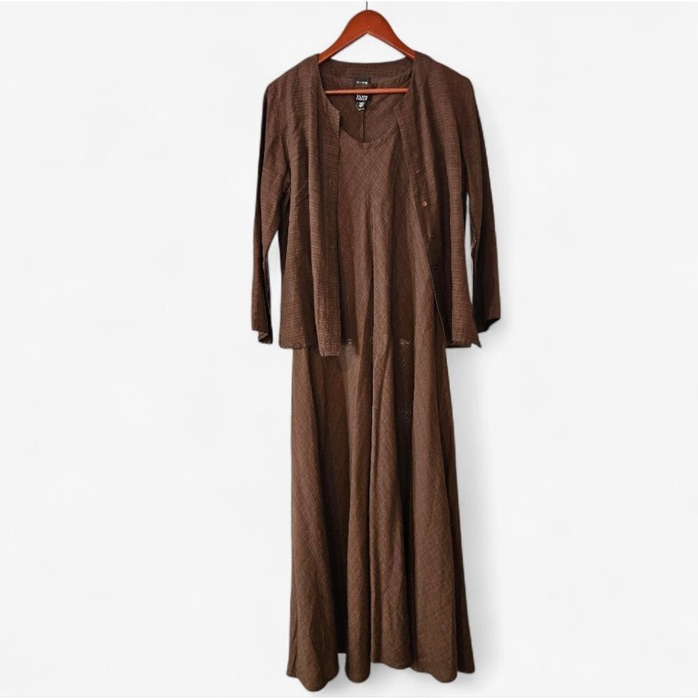 Eileen Fisher Linen Blend Two Piece Chocolate Brown Maxi Dress Cardigan Set S/M